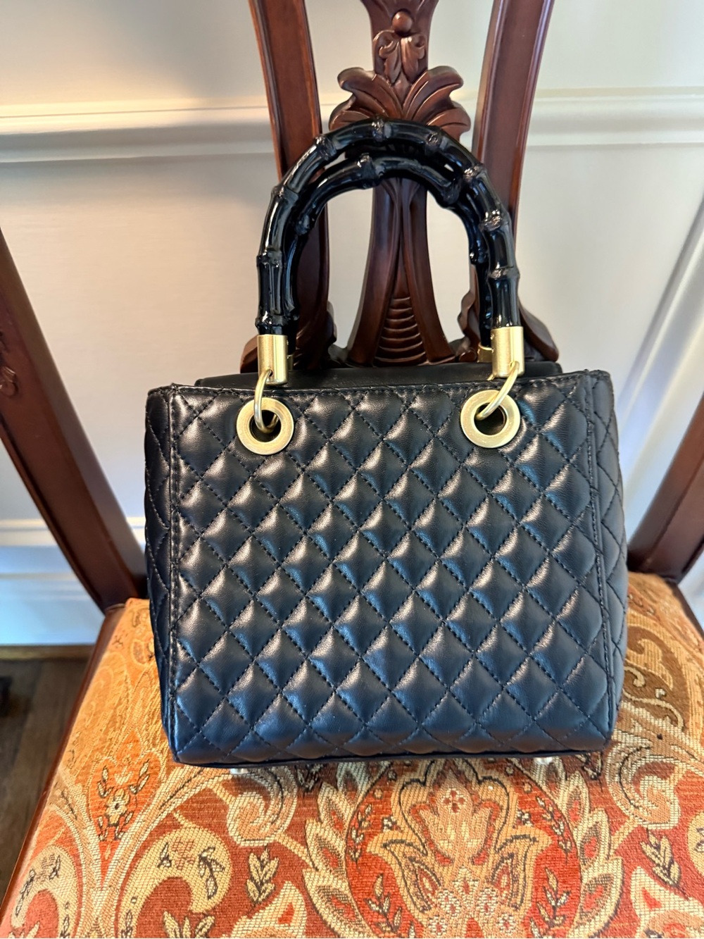 JMcLaughlin Black Quilted Leather Small Purse. Black bamboo handles. EUC